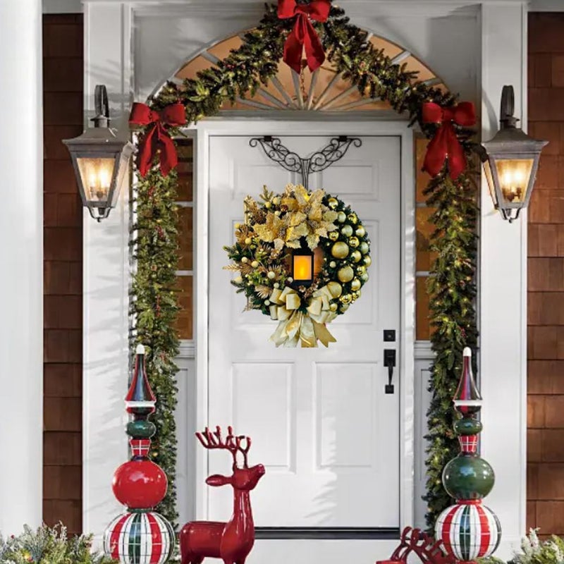 Pre-lit Christmas Wreath with Lights – 15.76" Pvc Door Crown With Red Florals, Led Flame-effect Lights & Bow, Battery-powered, Safe for Indoor/outdoor Use (Golden) - Image 3